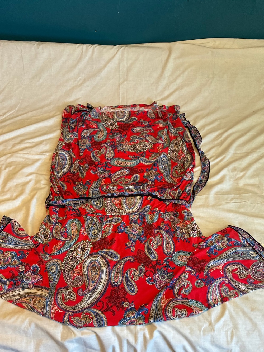 Studio One Plus Size 22W Red Paisley Faux Wrap Dress NWT Tie Waist Midi Dress - Picture 11 of 12